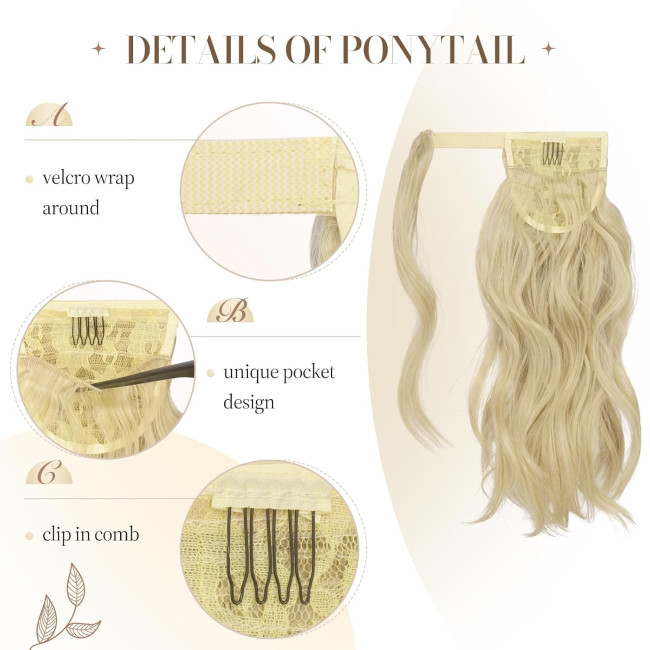 Хвилясте подовження хвоста FESHFEN, натуральне кучеряве обгортання навколо хвостиків, синтетична довга заколка, блідо-попелястий блондин (0119)