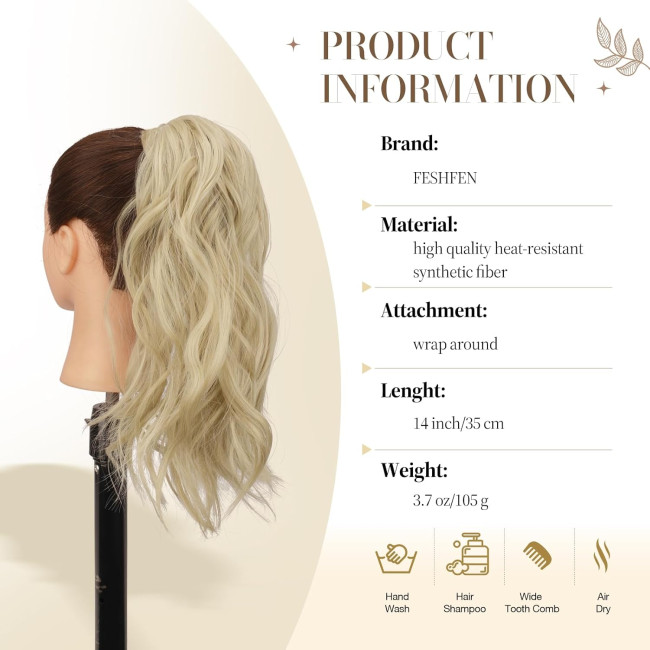 Хвилясте подовження хвоста FESHFEN, натуральне кучеряве обгортання навколо хвостиків, синтетична довга заколка, блідо-попелястий блондин (0119)
