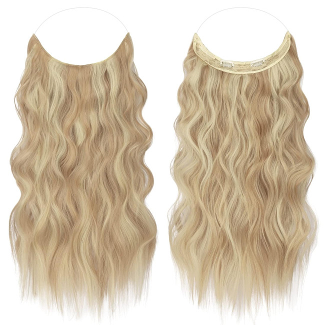 Нарощування волосся FESHFEN, довге, хвилясте нарощування волосся, синтетичне волосся, перуки для жінок, темно-золотистий мікс бежевий блонд, 50 см (0085)