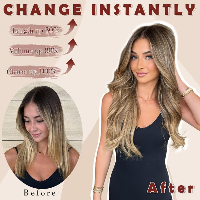 Нарощування волосся FESHFEN на заколках для жінок, довге хвилясте м'яке синтетичне поєднання, 20 дюймів темно-коричневий (0107)