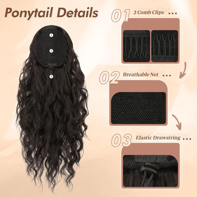 Нарощування волосся FESHFEN на заколках, м'яке синтетичне нарощування волосся для жінок, 18 дюймів, темно-коричневий (0111)