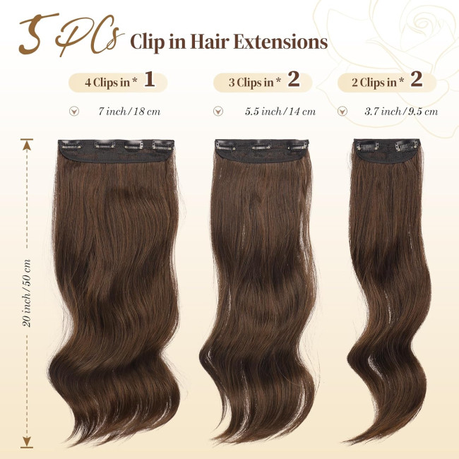 Нарощування волосся FESHFEN на заколках, м'яке синтетичне нарощування волосся для жінок, 20 дюймів, коричневий та каштановий (0110)