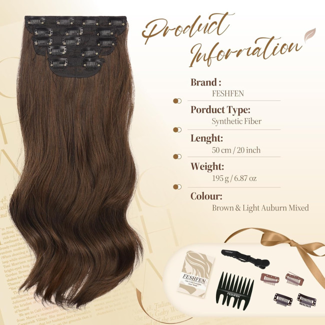 Нарощування волосся FESHFEN на заколках, м'яке синтетичне нарощування волосся для жінок, 20 дюймів, коричневий та каштановий (0110)