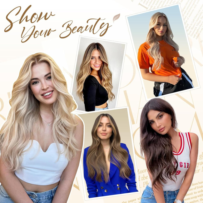 Нарощування волосся FESHFEN на заколках, м'яке синтетичне нарощування волосся для жінок, 20 дюймів, коричневий та каштановий (0110)