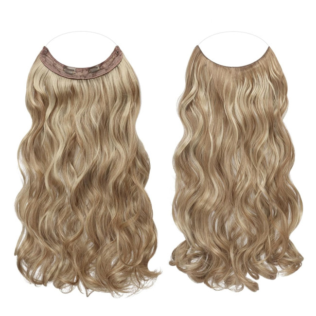 Невидимі дротяні нарощування волосся FESHFEN, синтетичне кучеряве волосся, для жінок 20 дюймів, карамельно-коричневий змішаний попелястий блонд (0113)