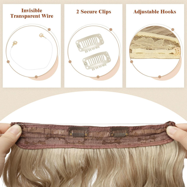 Невидимі дротяні нарощування волосся FESHFEN, синтетичне кучеряве волосся, для жінок 20 дюймів, карамельно-коричневий змішаний попелястий блонд (0113)