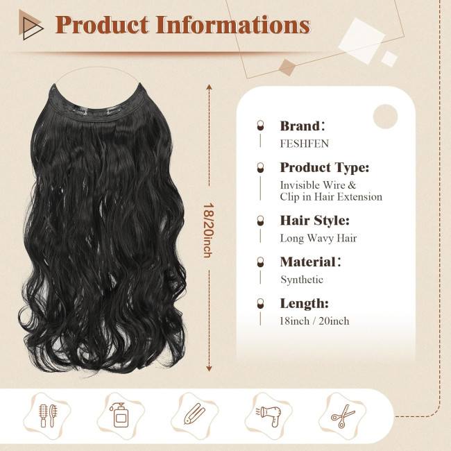 Невидимі дротяні нарощування волосся FESHFEN, синтетичне регульоване кучеряве волосся для жінок 20 дюймів, натуральний чорний (0116)
