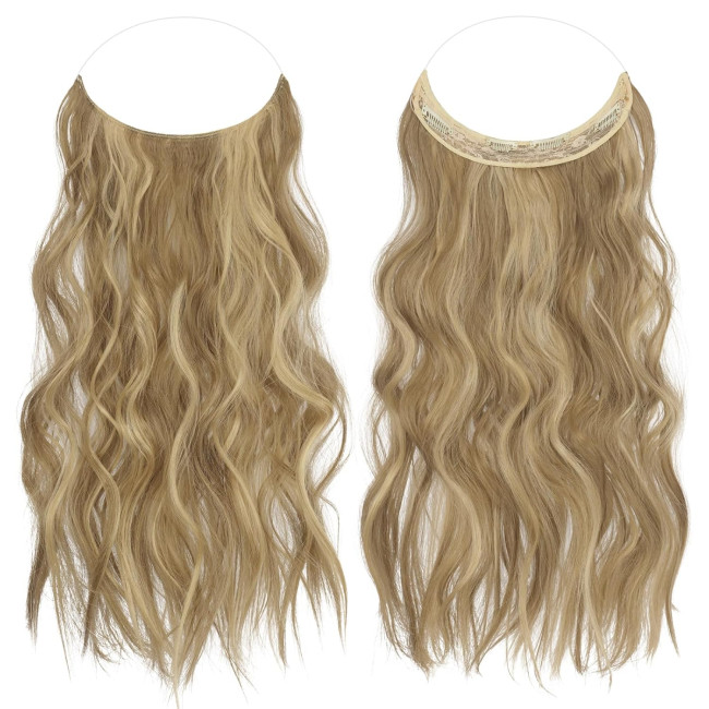Невидиме дротяне нарощування волосся FESHFEN з прозорою ниткою, довгий 40 см хвилястий, світло-коричневий та блонд (0093)