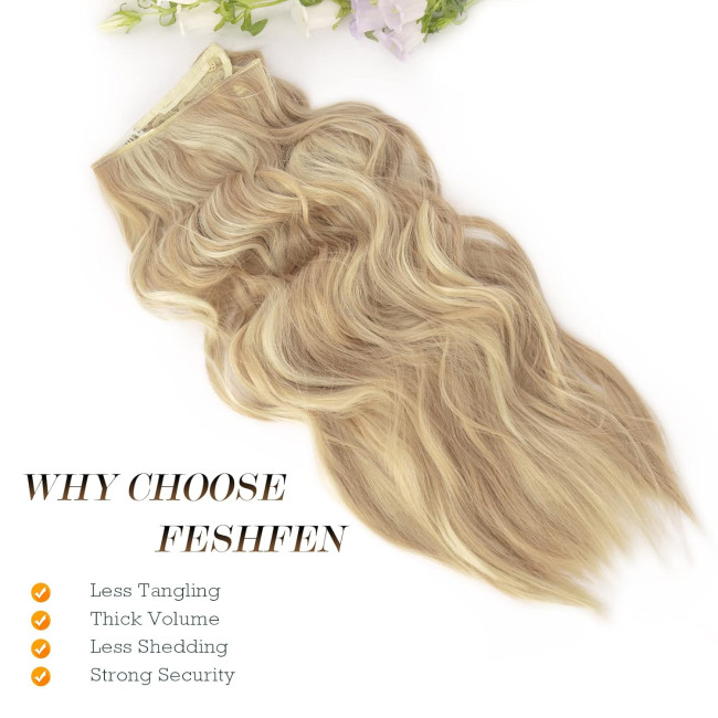 Невидиме дротяне нарощування волосся FESHFEN з прозорою ниткою, довгий 40 см хвилястий, темно-золотистий мікс бежевого блонда (0092)