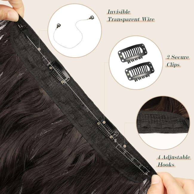 Невидиме дротяне нарощування волосся FESHFEN з прозорою ниткою, довгий 50 см хвилястий, подовження темно-коричневого (0094)