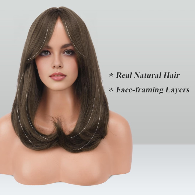 Перука FESHFEN середнього коричневого кольору з чубчиком, синтетичний прямий перуковий візерунок з натуральним волоссям, 18 дюймів (0099)