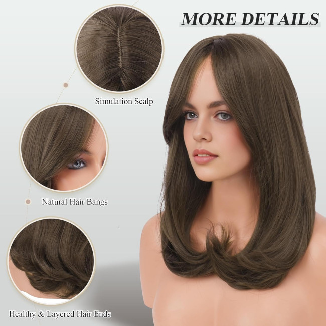 Перука FESHFEN середнього коричневого кольору з чубчиком, синтетичний прямий перуковий візерунок з натуральним волоссям, 18 дюймів (0099)