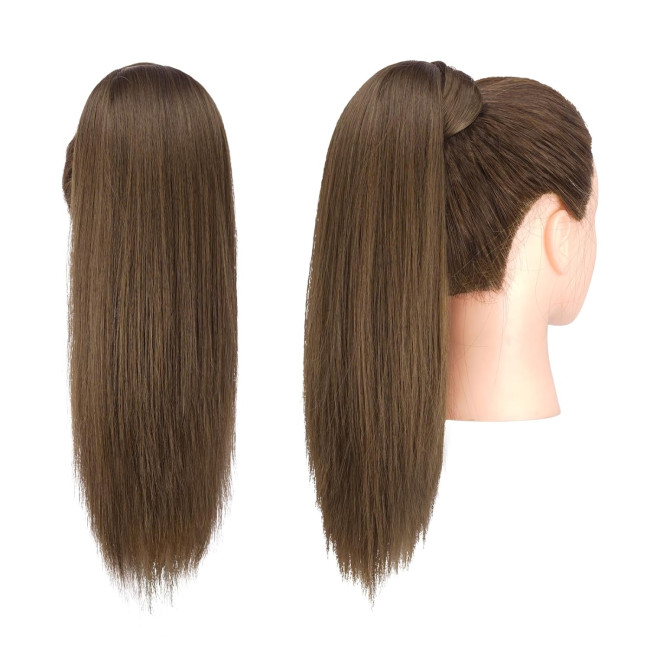 Прямий хвіст FESHFEN, подовжений 14 дюймів, натуральний довгий хвіст, обгортання навколо, перуки для жінок, колір мохово-коричневий (0117)