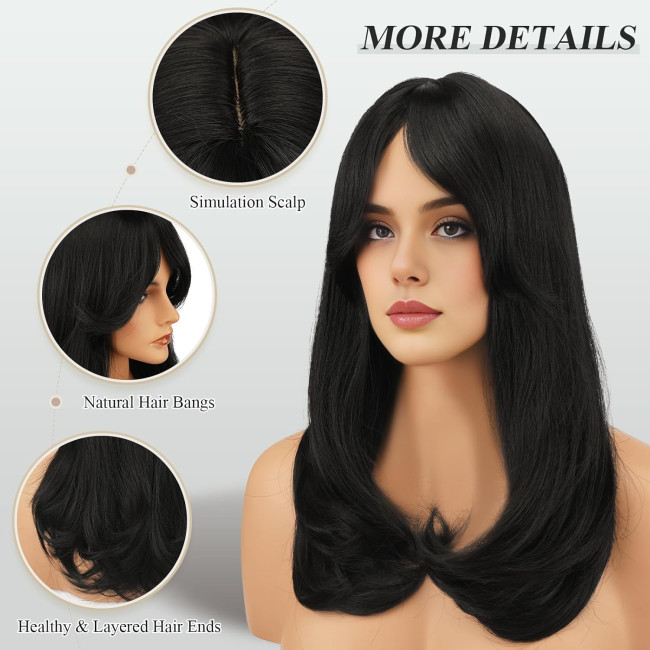 Синтетичне волосся FESHFEN натурального вигляду для жінок, перука з чубчиком18 дюймів, натуральний чорний (0102)