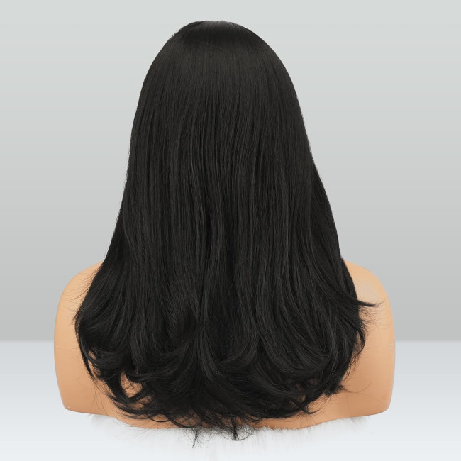 Синтетичне волосся FESHFEN натурального вигляду для жінок, перука з чубчиком18 дюймів, натуральний чорний (0102)