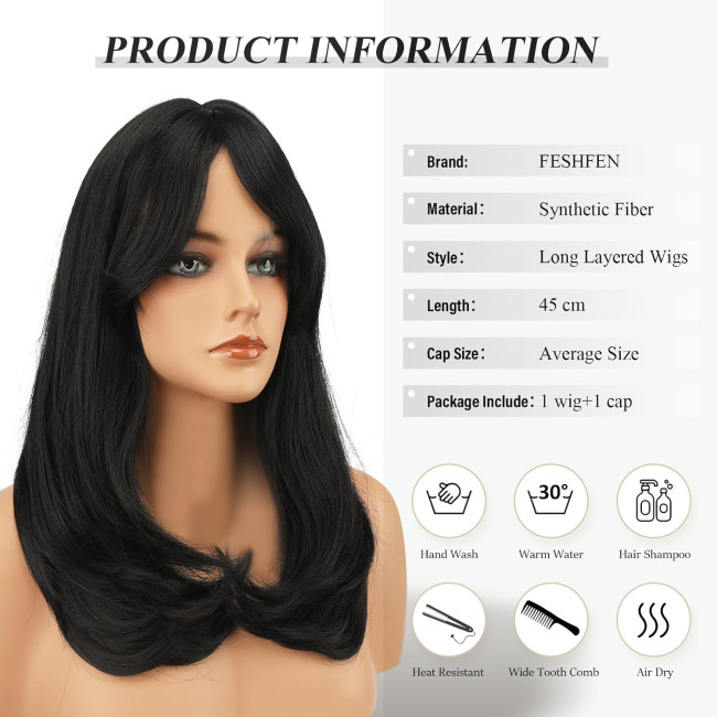 Синтетичне волосся FESHFEN натурального вигляду для жінок, перука з чубчиком18 дюймів, натуральний чорний (0102)