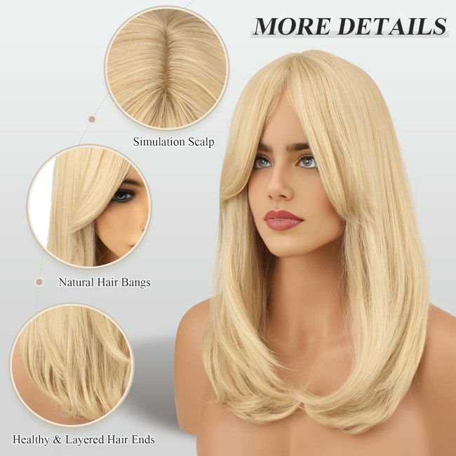  Синтетичне волосся FESHFEN натурального вигляду для жінок, перука з чубчиком18 дюймів, світло-русявий (0101)
