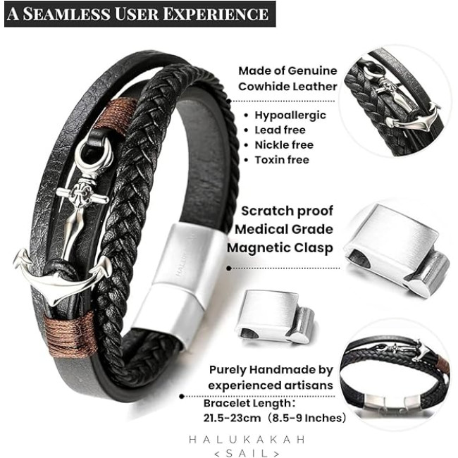 Чоловічий браслет Halukakah WS-HAJWEU2159P, з натуральної шкіри, чорний (4176)