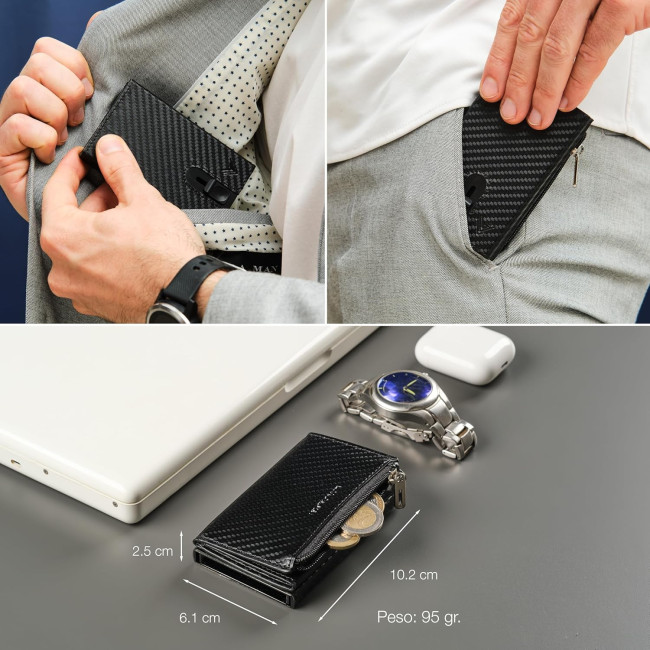 Чоловічий тонкий шкіряний гаманець Lavalen MC-3784 з розсувним механізмом, карбон (4072)