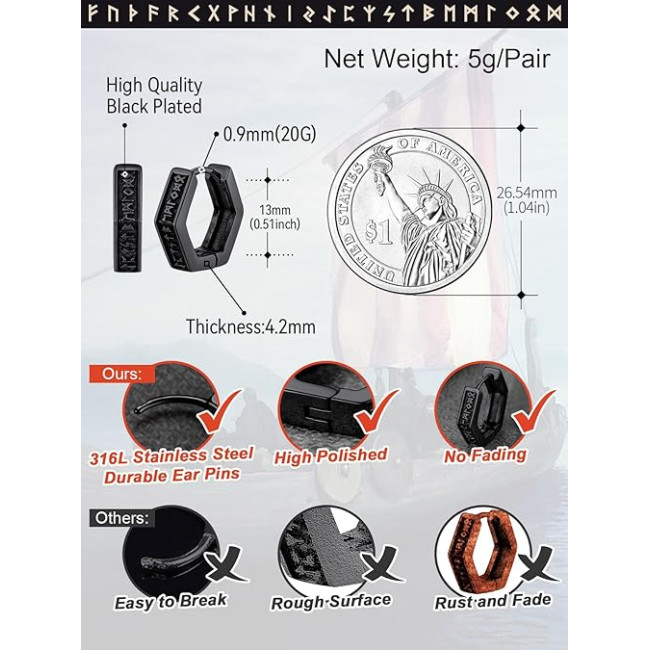 FaithHeart Серьги-кольца TE12901-FHX-U, с рунами викингов для мужчин, гипоаллергенные, из нержавеющей стали (5177)