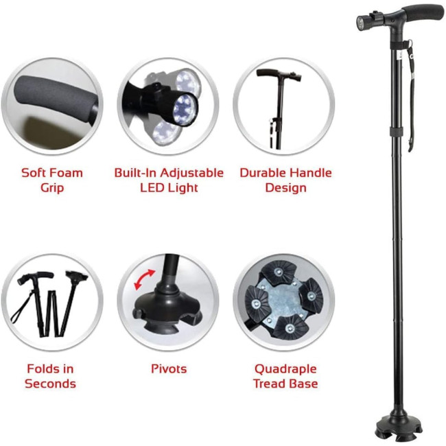 Складная телескопическая трость Generic из алюминия, со встроенным фонарем, черный (5020)