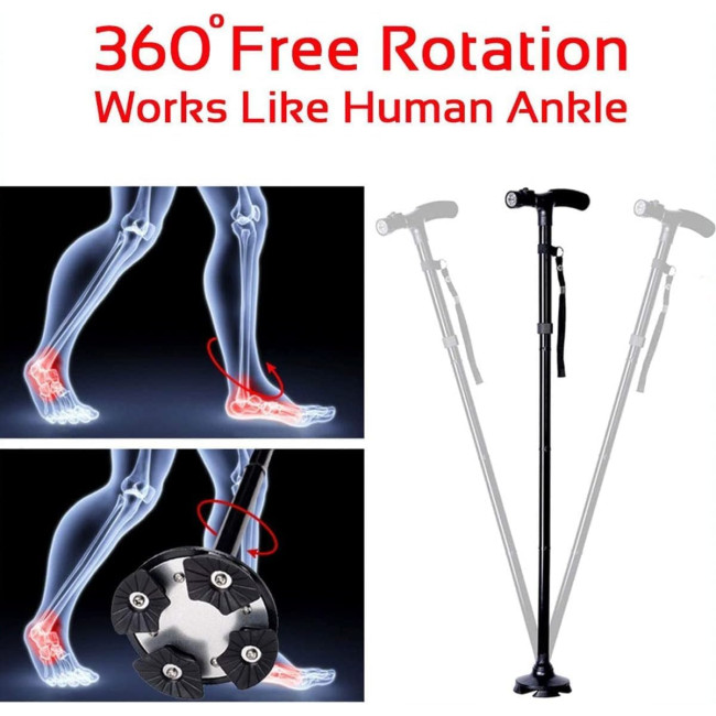 Складная телескопическая трость Generic из алюминия, со встроенным фонарем, черный (5020)