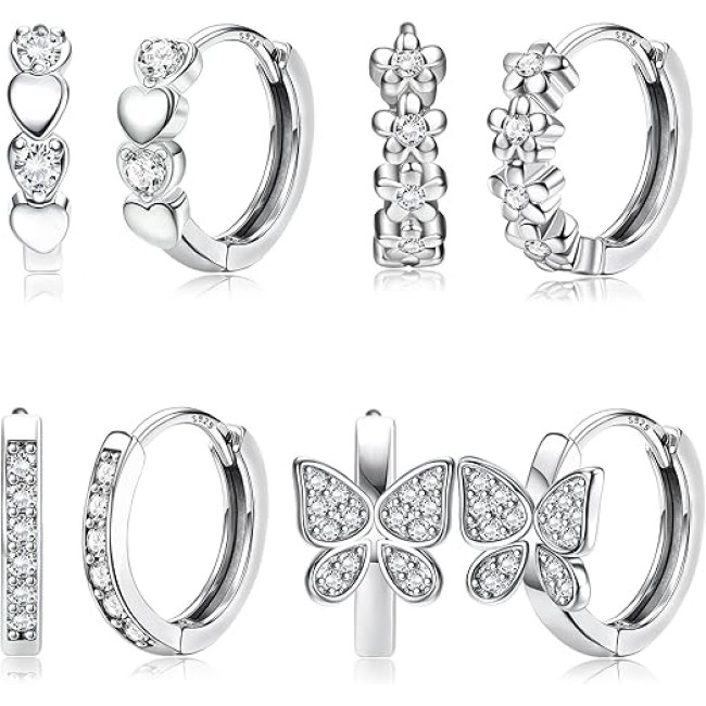 JeweBella 4 пари срібних сережок-кілець JWBE-YZ-ER84-Hoop 925 проби, гіпоалергенні, для дівчаток (5183)