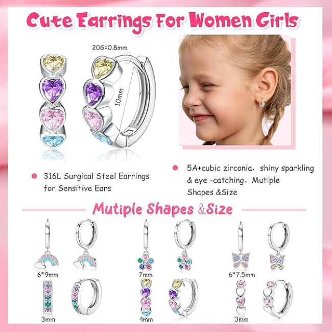 JeweBella 6 пар срібних сережок-кілець JWBE-XZQ-EH27, для жінок, хірургічна сталь, гіпоалергенний набір (5182)