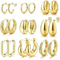 JeweBella 9 пар маленьких золотих сережок-кілець JWBE-YZ-ER99-GoldHoop для жінок і дівчаток, сережки з позолотою 14K (5186)
