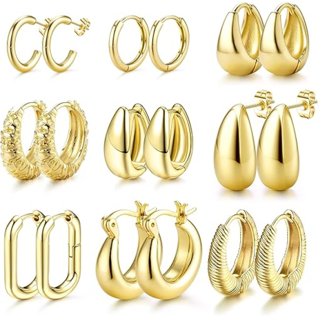 JeweBella 9 пар маленьких золотих сережок-кілець JWBE-YZ-ER99-GoldHoop для жінок і дівчаток, сережки з позолотою 14K (5186)