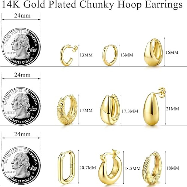 JeweBella 9 пар маленьких золотих сережок-кілець JWBE-YZ-ER99-GoldHoop для жінок і дівчаток, сережки з позолотою 14K (5186)