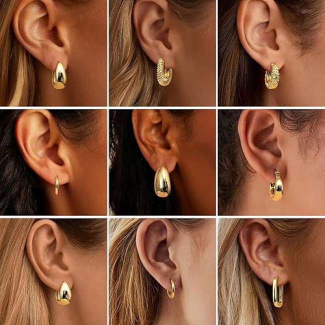 JeweBella 9 пар маленьких золотих сережок-кілець JWBE-YZ-ER99-GoldHoop для жінок і дівчаток, сережки з позолотою 14K (5186)