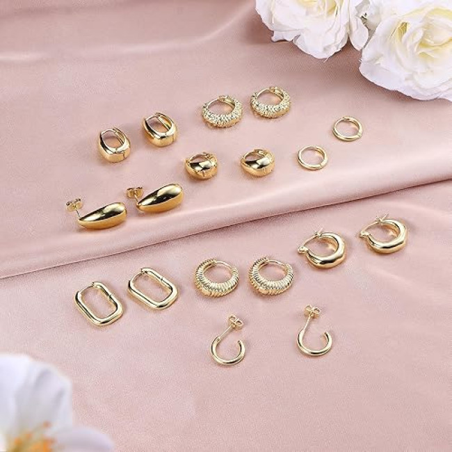 JeweBella 9 пар маленьких золотих сережок-кілець JWBE-YZ-ER99-GoldHoop для жінок і дівчаток, сережки з позолотою 14K (5186)