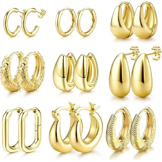  JeweBella Набір золотих сережок-кілець JWBE-YZ-ER99-GoldHoop для жінок і дівчаток, 9 пар (5181)