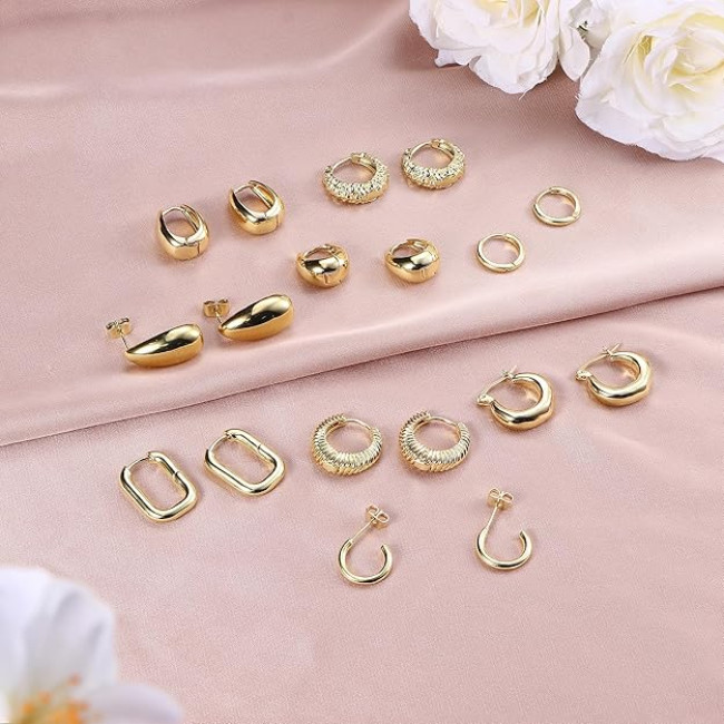  JeweBella Набір золотих сережок-кілець JWBE-YZ-ER99-GoldHoop для жінок і дівчаток, 9 пар (5181)