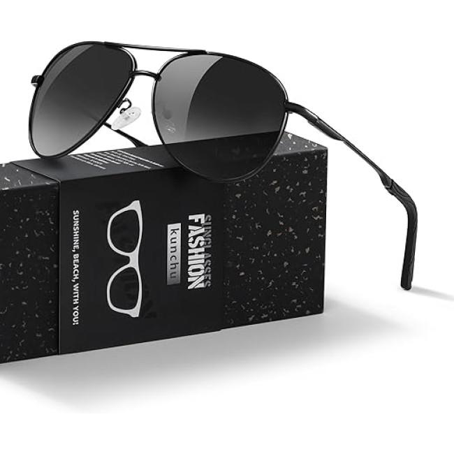 Kunchu Сонячні окуляри, поляризовані, унісекс, UV400 захист, класичні, чорно-сірий (5163)