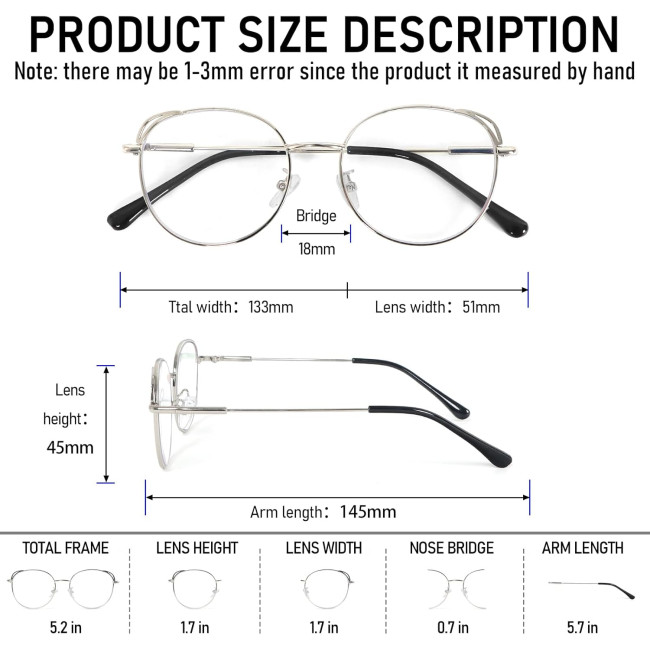 Окуляри для читання MMOWW DEL031-SR1.0 з фільтром синього світла для жінок і чоловіків, срібний (3170)
