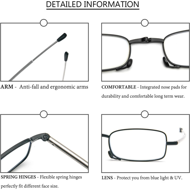 Складані окуляри для читання MMOWW ITL029-BK-2.5 для чоловіків та жінок з телескопічним стрижнем, чорні (3158)
