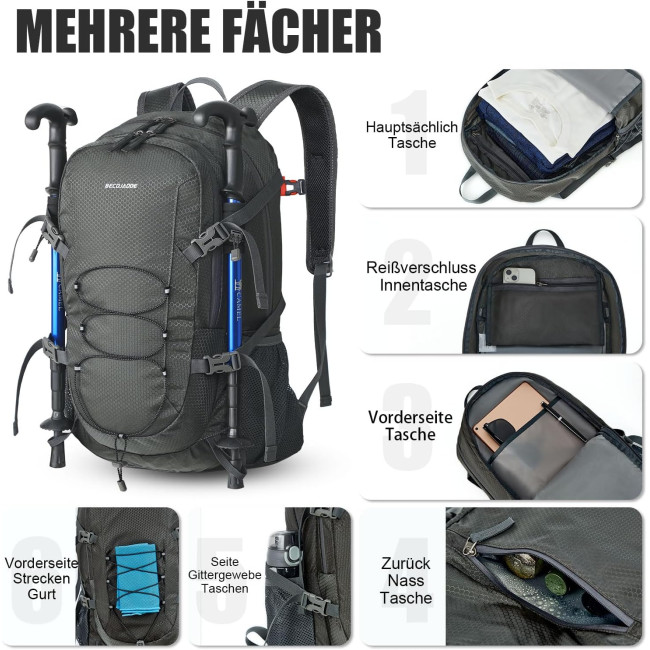 BECOJADDE Рюкзак для походів, 40 л, водонепроникний, туристичний, сірий (5149)