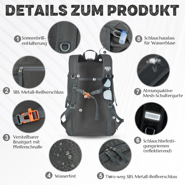 BECOJADDE Рюкзак для походів, 40 л, водонепроникний, туристичний, сірий (5149)