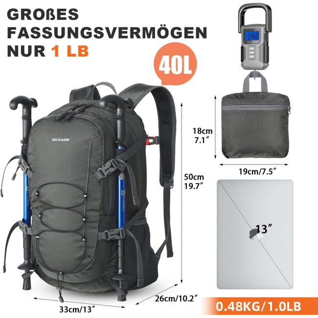 BECOJADDE Рюкзак для походів, 40 л, водонепроникний, туристичний, сірий (5149)