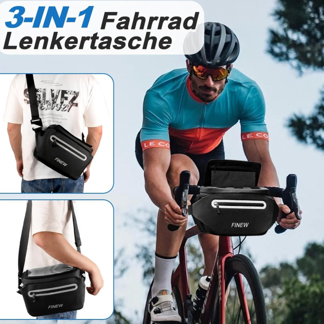 FINEW Велосипедна сумка Lenkertasche Fahrrad 3-в-1 на кермо, 6 л, з тримачем для мобільного телефону, чорна (5122)