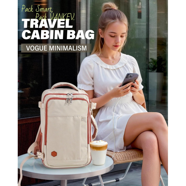 Ручная кладь VANKEV 40x20x25, подседающий рюкзак 20л, дорожная сумка-рюкзак для ноутбука 14 дюймов, бежевый (2097)