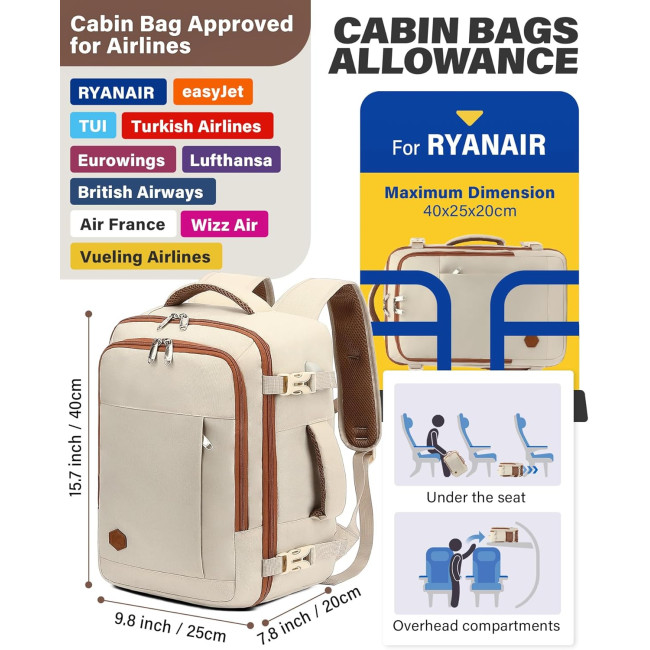 Ручная кладь VANKEV 40x20x25, подседающий рюкзак 20л, дорожная сумка-рюкзак для ноутбука 14 дюймов, бежевый (2097)