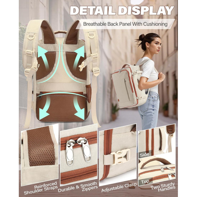 Ручная кладь VANKEV 40x20x25, подседающий рюкзак 20л, дорожная сумка-рюкзак для ноутбука 14 дюймов, бежевый (2097)