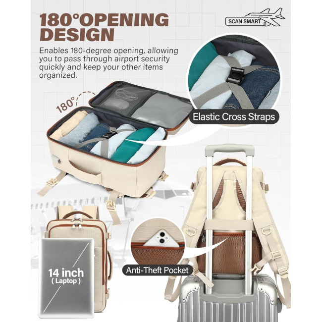 Ручная кладь VANKEV 40x20x25, подседающий рюкзак 20л, дорожная сумка-рюкзак для ноутбука 14 дюймов, бежевый (2097)