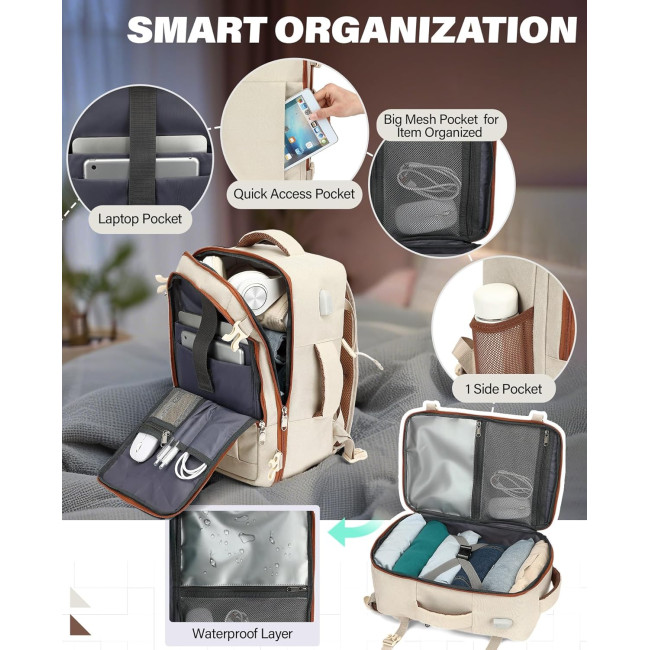 Ручная кладь VANKEV 40x20x25, подседающий рюкзак 20л, дорожная сумка-рюкзак для ноутбука 14 дюймов, бежевый (2097)