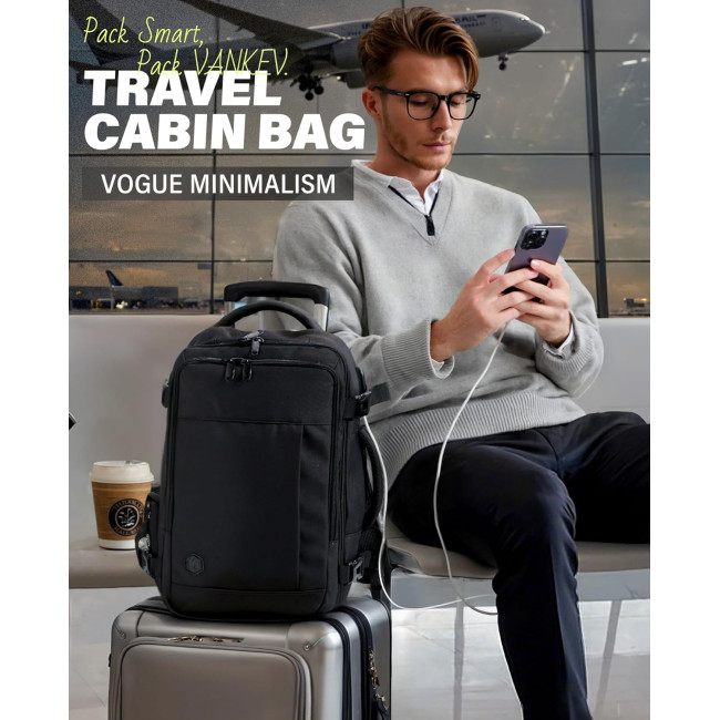 Ручная кладь VANKEV 40x20x25, подседающий рюкзак 20л, дорожная сумка-рюкзак для ноутбука 14 дюймов, черный (2098)