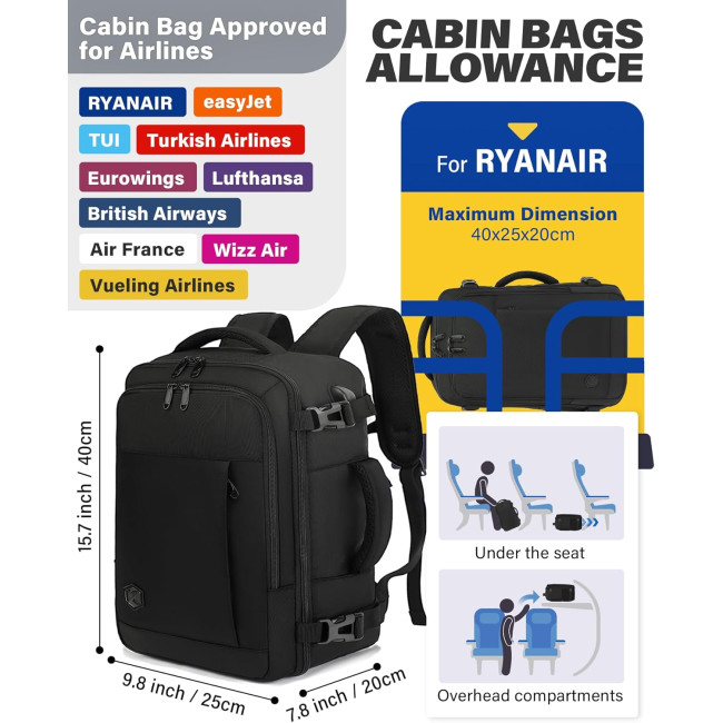 Ручная кладь VANKEV 40x20x25, подседающий рюкзак 20л, дорожная сумка-рюкзак для ноутбука 14 дюймов, черный (2098)