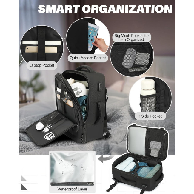 Ручная кладь VANKEV 40x20x25, подседающий рюкзак 20л, дорожная сумка-рюкзак для ноутбука 14 дюймов, черный (2098)
